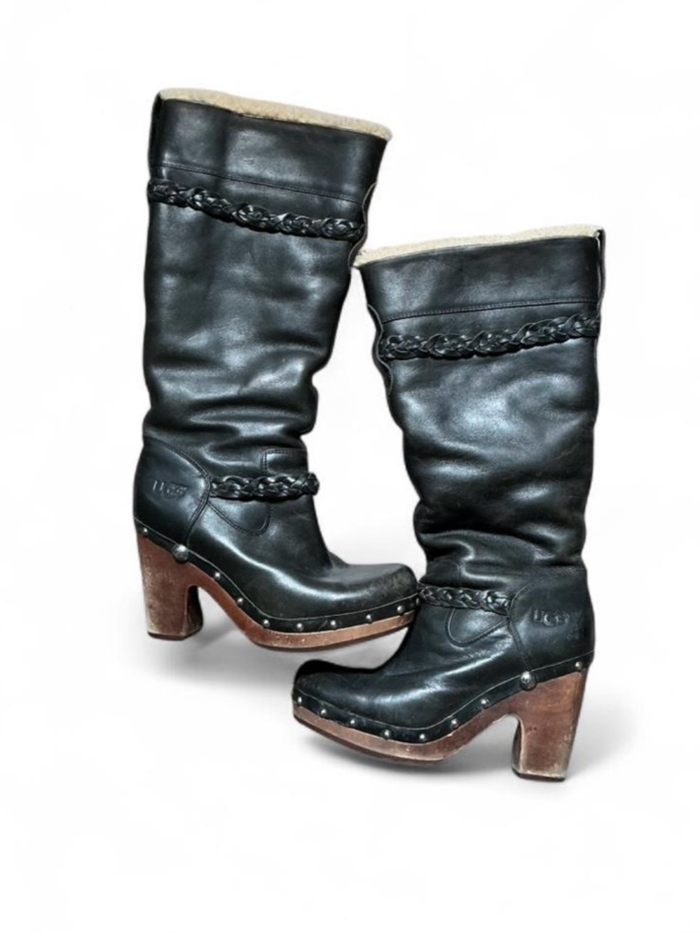 UGG Black Leather Shearling-Lined Wood-Platform Mid-Calf Boots